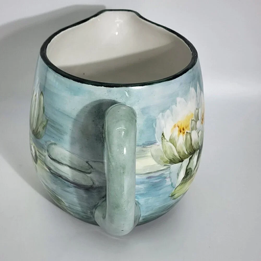 D&C France Vintage Hand Painted Pitcher and Glass Set of 7 Water Lily Green Trim
